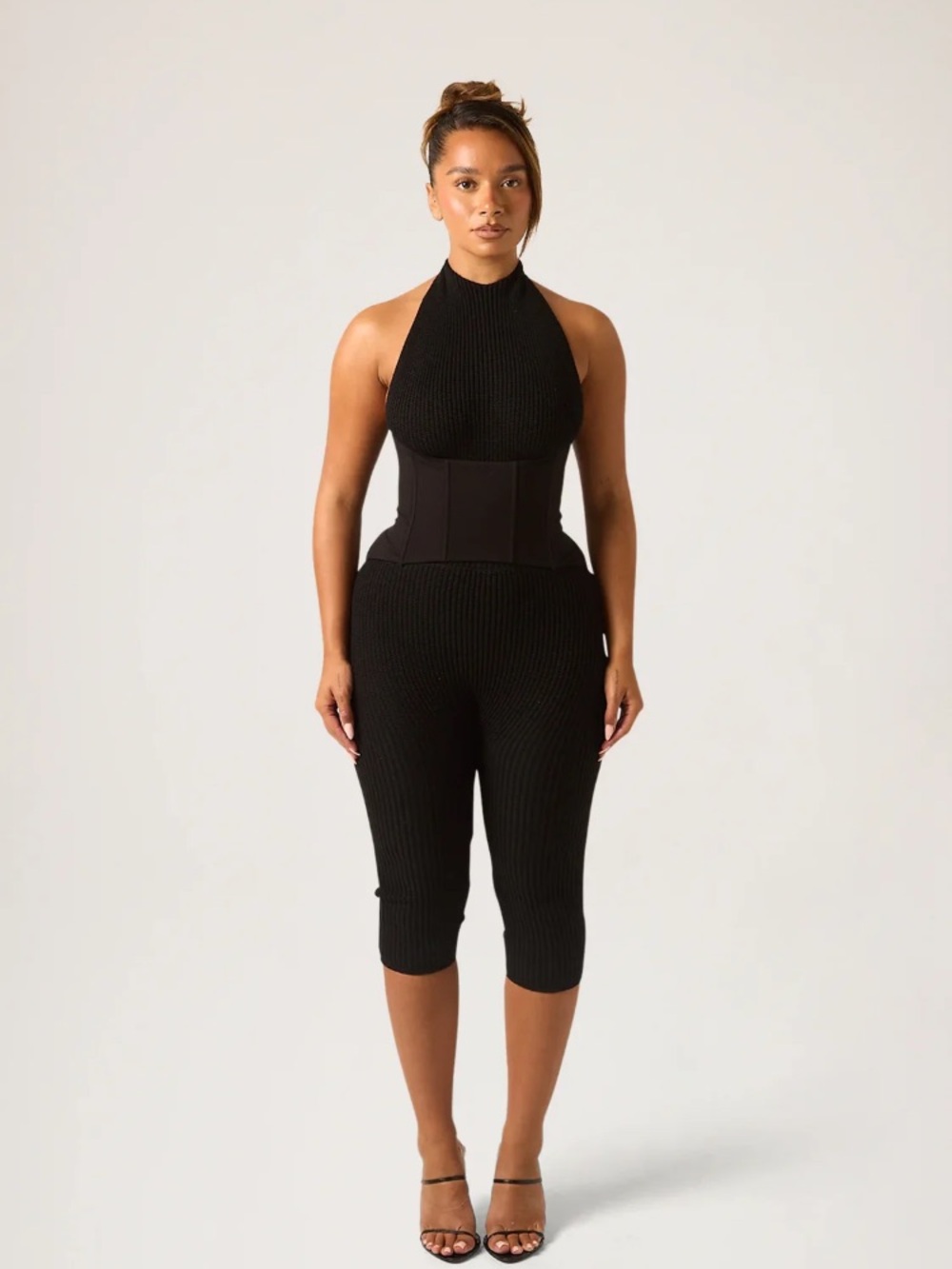 Black knit Halter Capri Jumpsuit with corset
